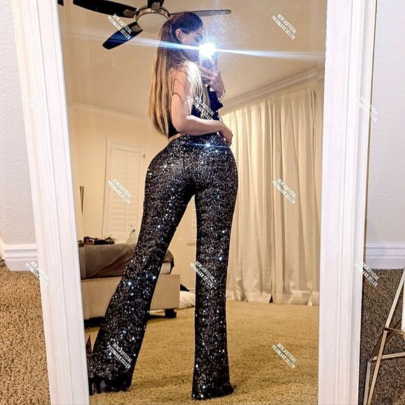 NWT ZARA FLARED SEQUIN LEGGINGS - Picture 2 of 15